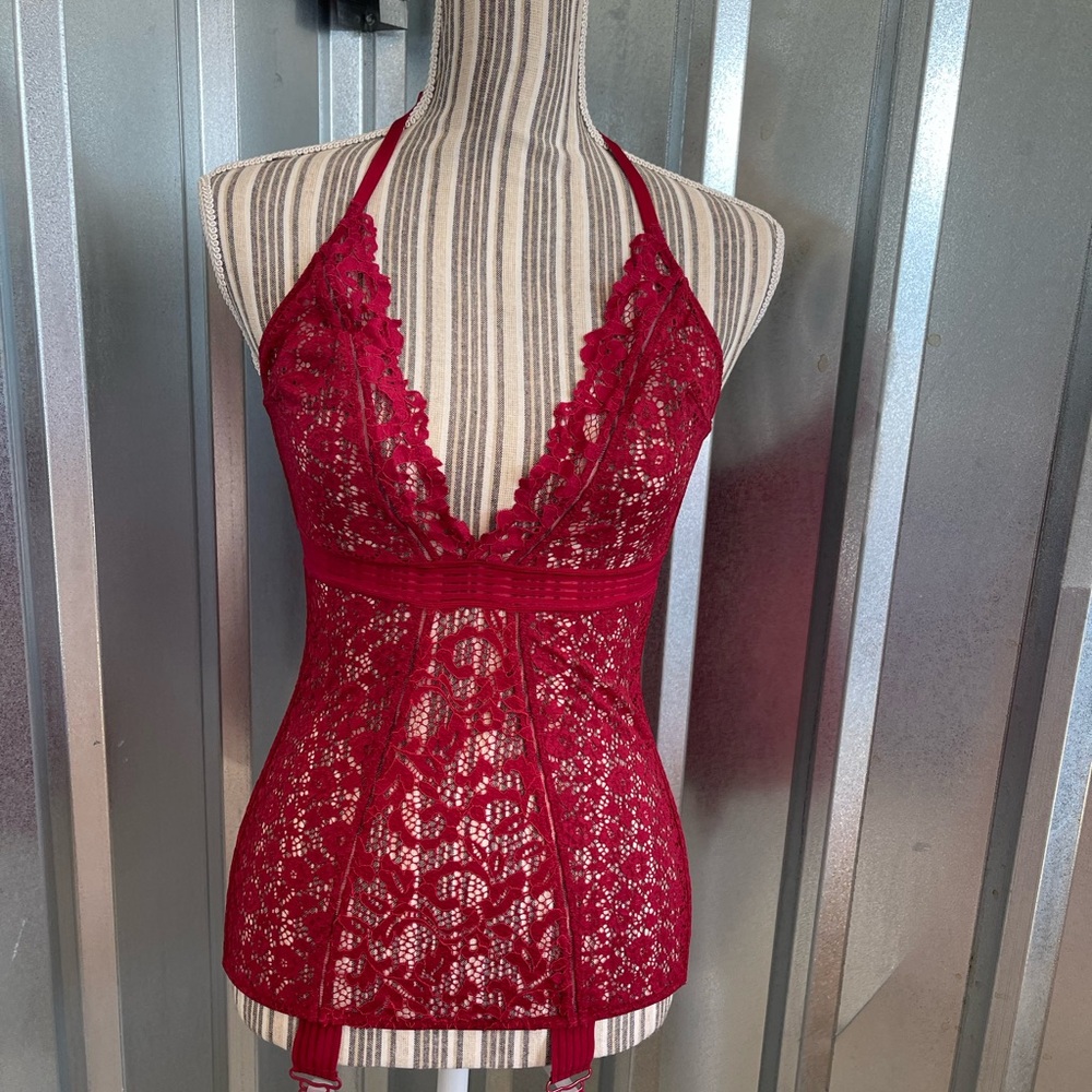 Victorias Secret Red All Lace Nightie Halter Babydoll Bodycon Garters XS new